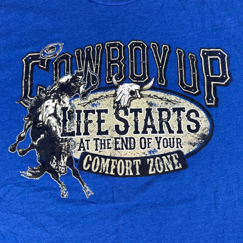 Cowboy Up Rodeo Graphic T-Shirt Mens L Blue Life Starts Comfort Zone‎ Bull Rider